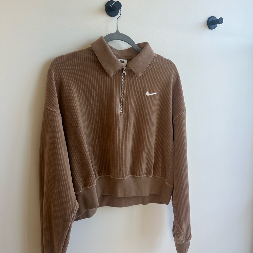 Nike Brown Crop Boxy Velour Polo Sweatshirt